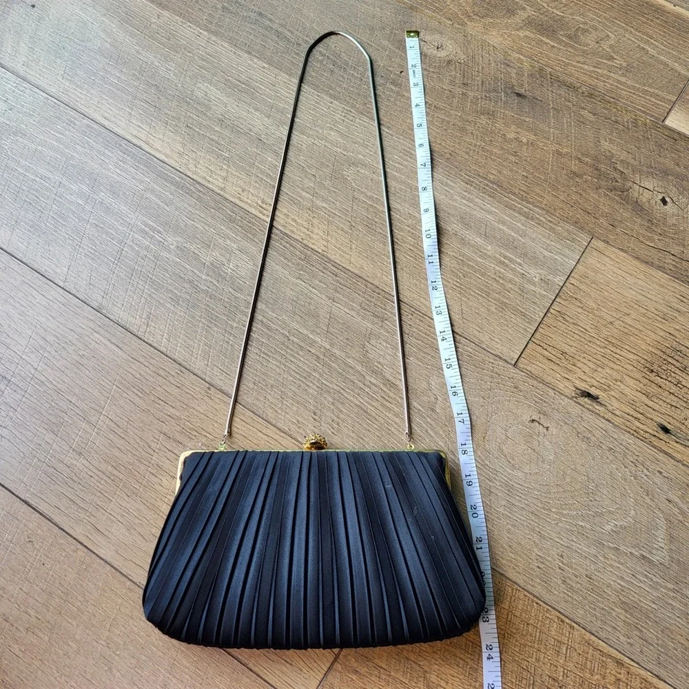 Regale Ltd Vintage Black Pleated Satin Clutch Rhinestone Clasp Gold Chain